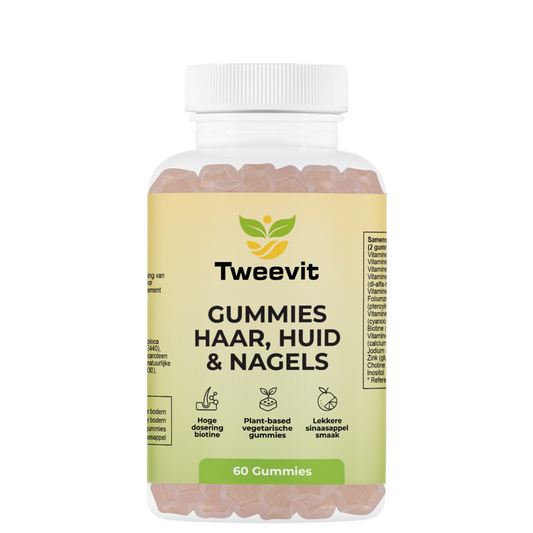 Tweevit Gummies Haar Huid & Nagels – 60 vegan gummies met biotine, vitamine A, C, D3, E en zink voor natuurlijke ondersteuning van huid, haar en nagels, sinaasappelsmaak