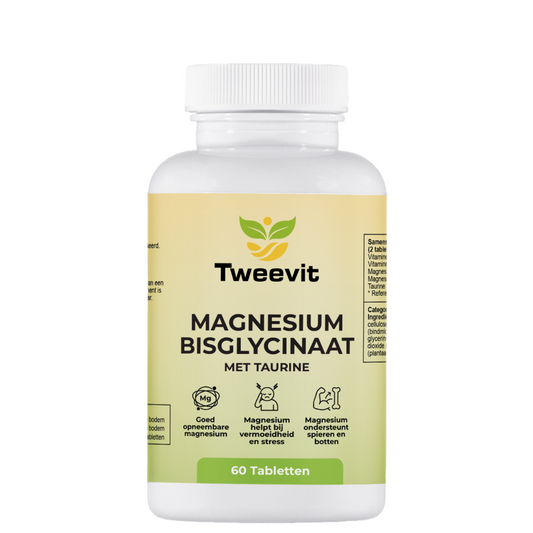 Tweevit Magnesium Bisglycinaat met Taurine pot – 60 tabletten, goed opneembare magnesiumvorm gecombineerd met taurine voor energie, ontspanning en spierfunctie