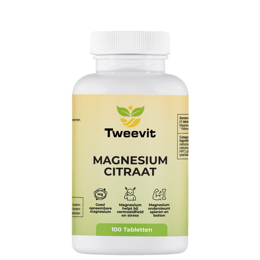 Tweevit Magnesium Citraat pot met 100 tabletten – goed opneembare magnesiumvorm, ondersteunt spieren, botten en helpt bij vermoeidheid en stress