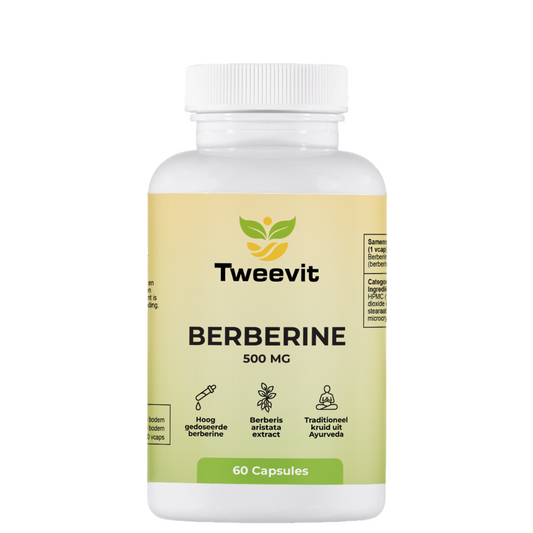 Tweevit Berberine 500 mg – per 1 capsule: 500 mg Berberine (Berberis Extract – Rebersa Chloride), plantaardige capsule.
