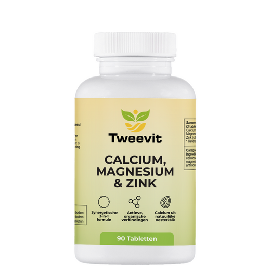 Tweevit Calcium, Magnesium en Zink – Synergetische 3-in-1 formule met natuurlijke oesterkalk en actieve organische verbindingen voor botten, spieren en immuunsysteem.