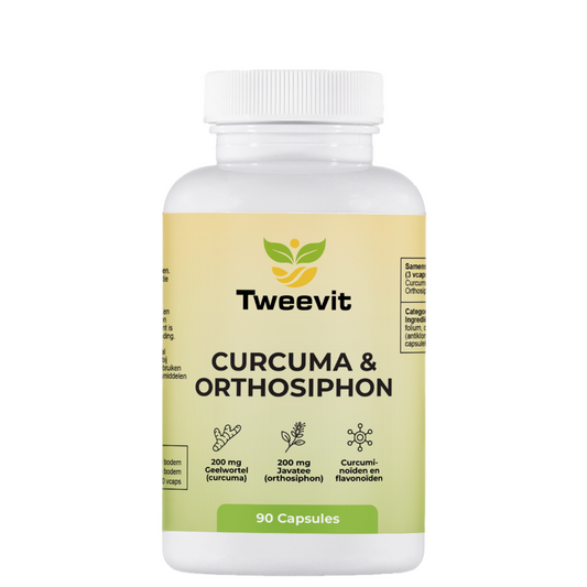 Tweevit Curcuma & Orthosiphon – supplement met curcuminoïden en orthosiphon voor lever- en nierondersteuning.