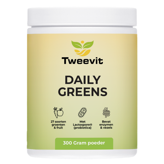Pot Tweevit Daily Greens 300 gram poeder met 27 soorten groenten, fruit, enzymen en Lactospore® probiotica.