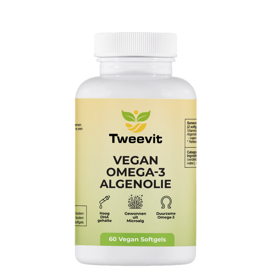 Tweevit Vegan Omega-3 Algenolie – 60 vegan softgels met 1000 mg algenolie (400 mg DHA) en vitamine E uit microalgen, duurzame omega-3 bron.