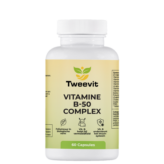 Tweevit Vitamine B-50 Complex pot met 60 plantaardige capsules – complete mix van B-vitaminen met foliumzuur in biologische vorm, ondersteunt energie, vermoeidheid en immuunsysteem