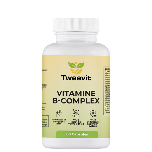 Tweevit Vitamine B-Complex pot met 60 plantaardige capsules – complete formule met actieve B-vitaminen, foliumzuur en biotine ter ondersteuning van energie en weerstand