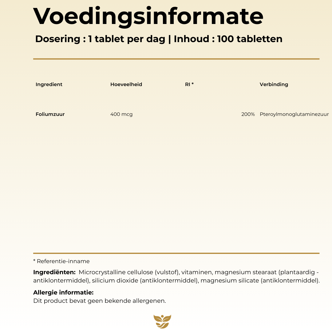 Foliumzuur 400 mcg van Tweevit, 100 tabletten – ondersteunt celdeling en zwangerschap