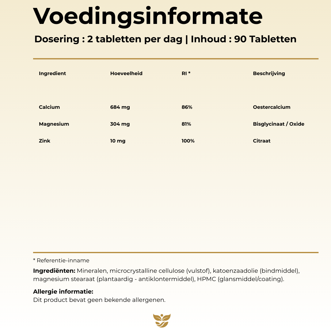 Voedingswaarde Tweevit Calcium, Magnesium en Zink – per 2 tabletten: 684 mg calcium (oesterkalk), 304 mg magnesium (bisglycinaat/oxide), 10 mg zink (citraat).