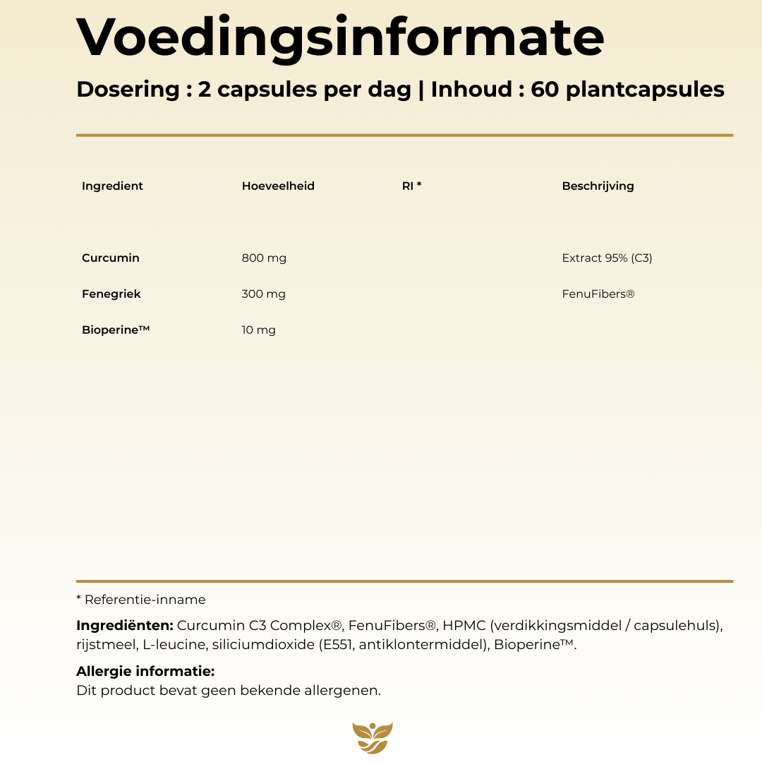 Voedingswaarde Tweevit Curcuma C3 & Fenufibers – 800 mg Curcumin C3 Complex, 300 mg FenuFibers en 10 mg BioPerine per dagdosering.