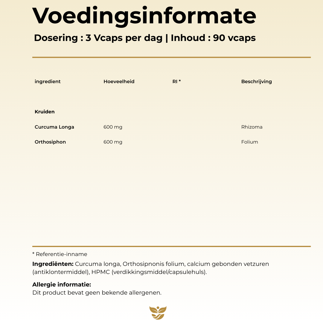 Voedingswaarde Tweevit Curcuma & Orthosiphon – 600 mg Curcuma longa rhizoma en 600 mg Orthosiphon folium per dagdosering.