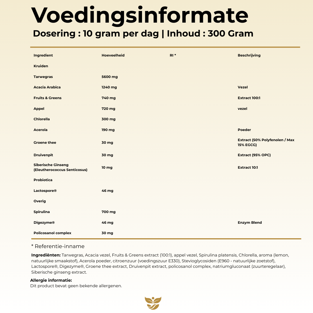 Voedingsinformatie van Tweevit Daily Greens 300 gram poeder, met tarwegras, spirulina, chlorella, acerola, Lactospore® probiotica en Digezyme® enzymen.