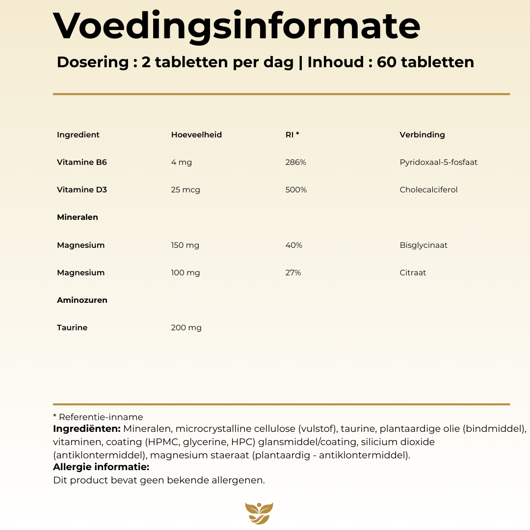 Voedingsinformatie Magnesium Bisglycinaat met Taurine Tweevit – 2 tabletten per dag met 250 mg magnesium (bisglycinaat en citraat), 200 mg taurine, vitamine B6 en D3, vrij van allergenen