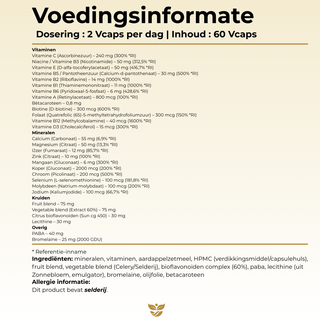 Voedingsinformatie Multivitamine Capsules Tweevit – 2 capsules per dag met meer dan 25 actieve ingrediënten, vitamines, mineralen, kruidenextracten en bioflavonoïden, bevat selderij
