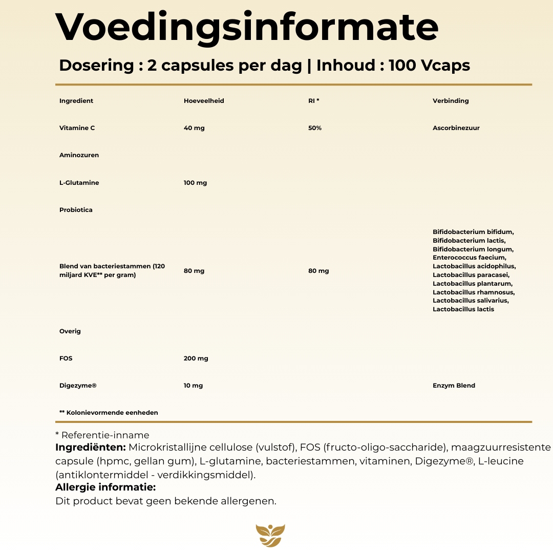 Voedingsinformatie Probiotica Complex Tweevit – 2 capsules per dag met 10 bacteriestammen (Bifidobacterium & Lactobacillus), L-glutamine, FOS en Digezyme® enzymblend, vrij van allergenen