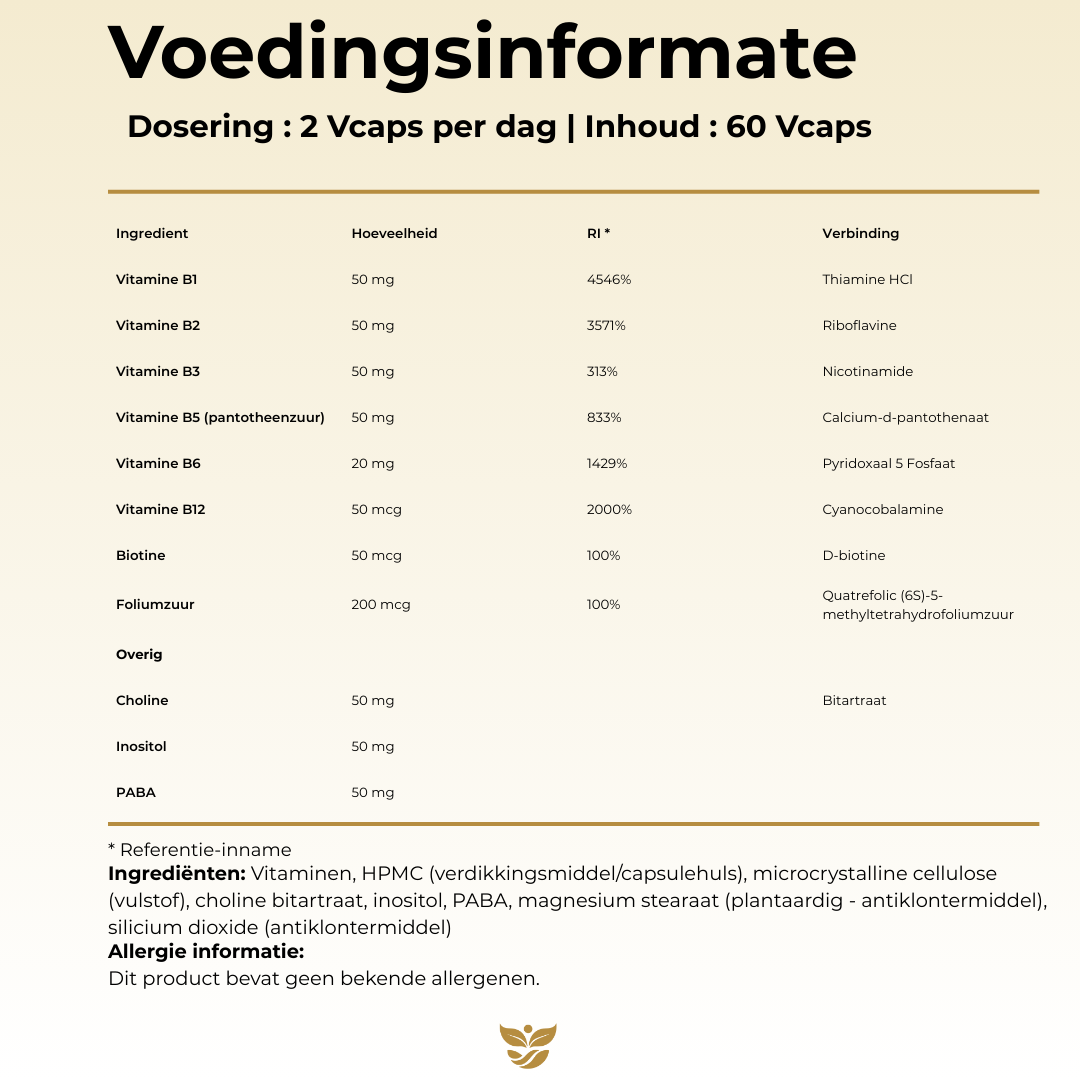 Voedingsinformatie Vitamine B-50 Complex Tweevit – 2 capsules per dag met hoge dosering B1 t/m B12, biotine, foliumzuur, choline, inositol en PABA, vrij van allergenen