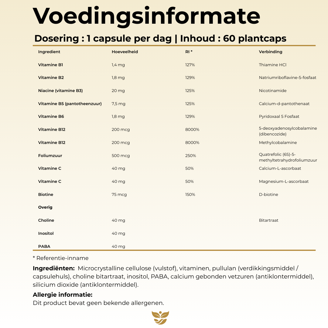 Voedingsinformatie Vitamine B-Complex Tweevit – 1 capsule per dag met actieve B-vitaminen (B1 t/m B12), foliumzuur, biotine, choline en inositol, vrij van allergenen