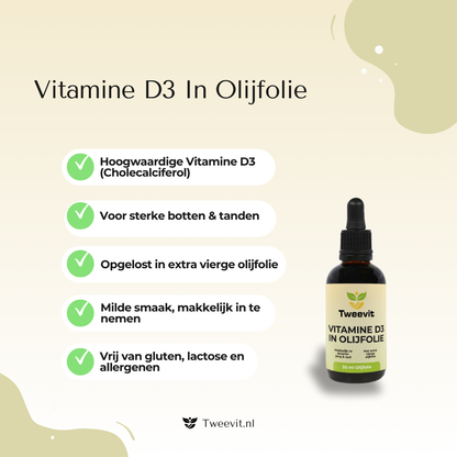 Vitamine D3 in olijfolie flesje Tweevit met voordelenlijst: sterke botten, tanden, milde smaak, vrij van allergenen