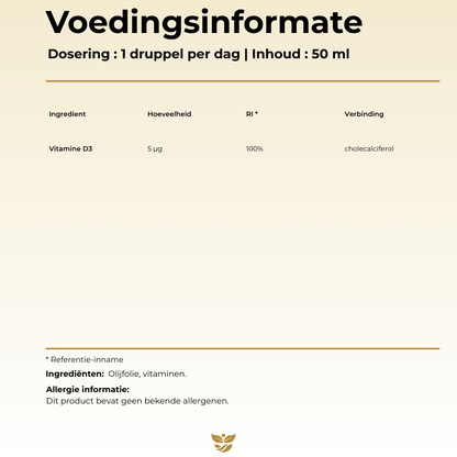 Voedingsinformatie Vitamine D3 Tweevit – dosering 1 druppel per dag (5 µg cholecalciferol = 100% RI) in olijfolie, vrij van allergenen