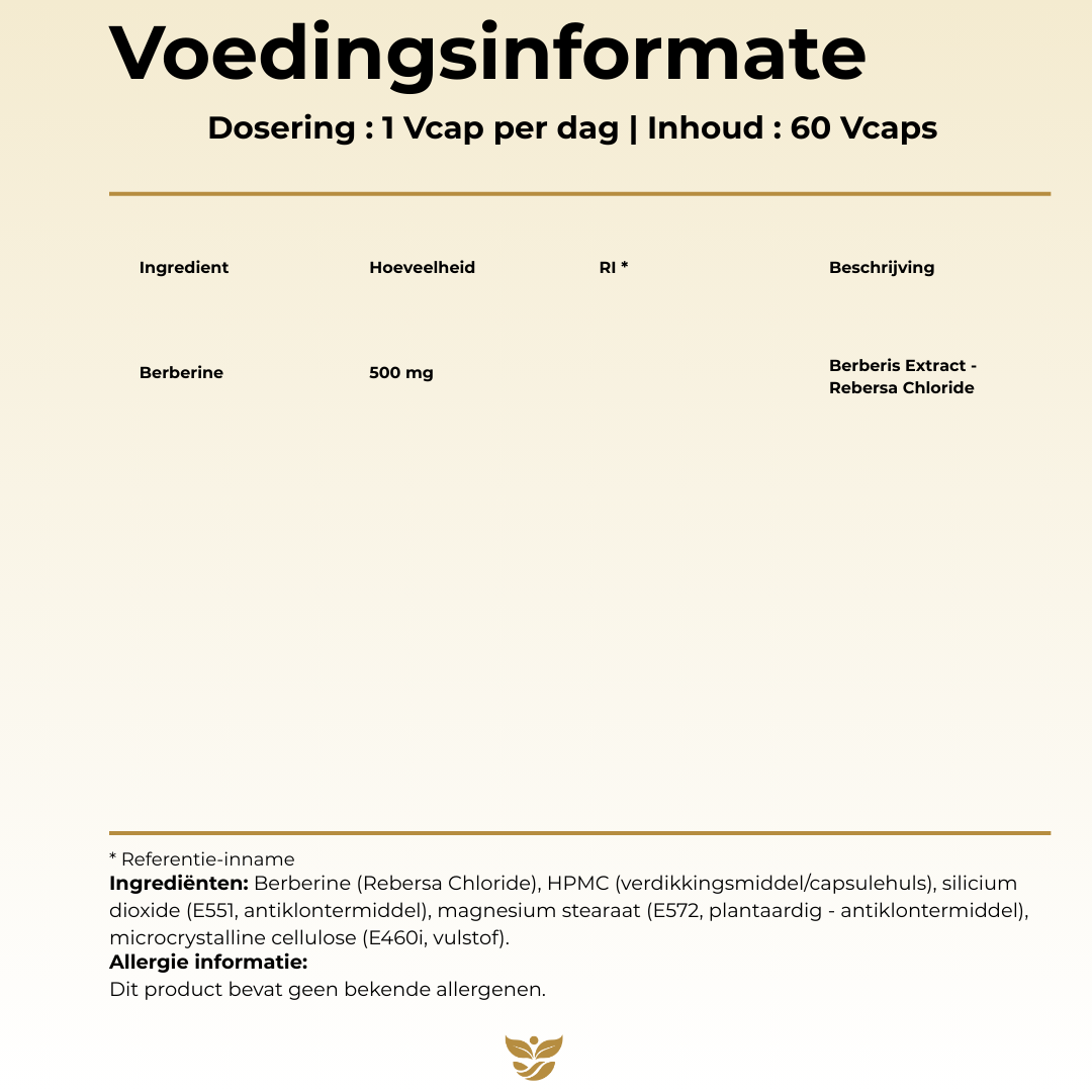 Voedingswaarde Tweevit Berberine 500 mg – per 1 capsule: 500 mg Berberine (Berberis Extract – Rebersa Chloride), plantaardige capsule.
