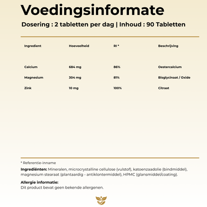 Voedingswaarde Tweevit Calcium, Magnesium en Zink – per 2 tabletten: 684 mg calcium (oesterkalk), 304 mg magnesium (bisglycinaat/oxide), 10 mg zink (citraat).