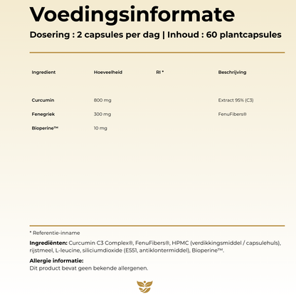 Voedingswaarde Tweevit Curcuma C3 & Fenufibers – 800 mg Curcumin C3 Complex, 300 mg FenuFibers en 10 mg BioPerine per dagdosering.