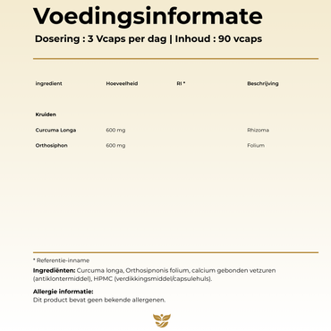 Voedingswaarde Tweevit Curcuma & Orthosiphon – 600 mg Curcuma longa rhizoma en 600 mg Orthosiphon folium per dagdosering.