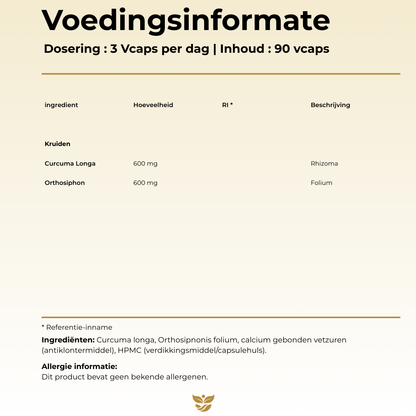 Voedingswaarde Tweevit Curcuma & Orthosiphon – 600 mg Curcuma longa rhizoma en 600 mg Orthosiphon folium per dagdosering.