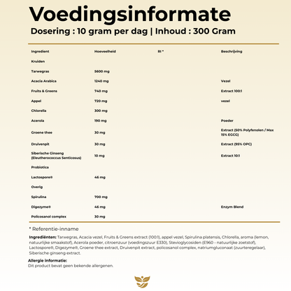 Voedingsinformatie van Tweevit Daily Greens 300 gram poeder, met tarwegras, spirulina, chlorella, acerola, Lactospore® probiotica en Digezyme® enzymen.