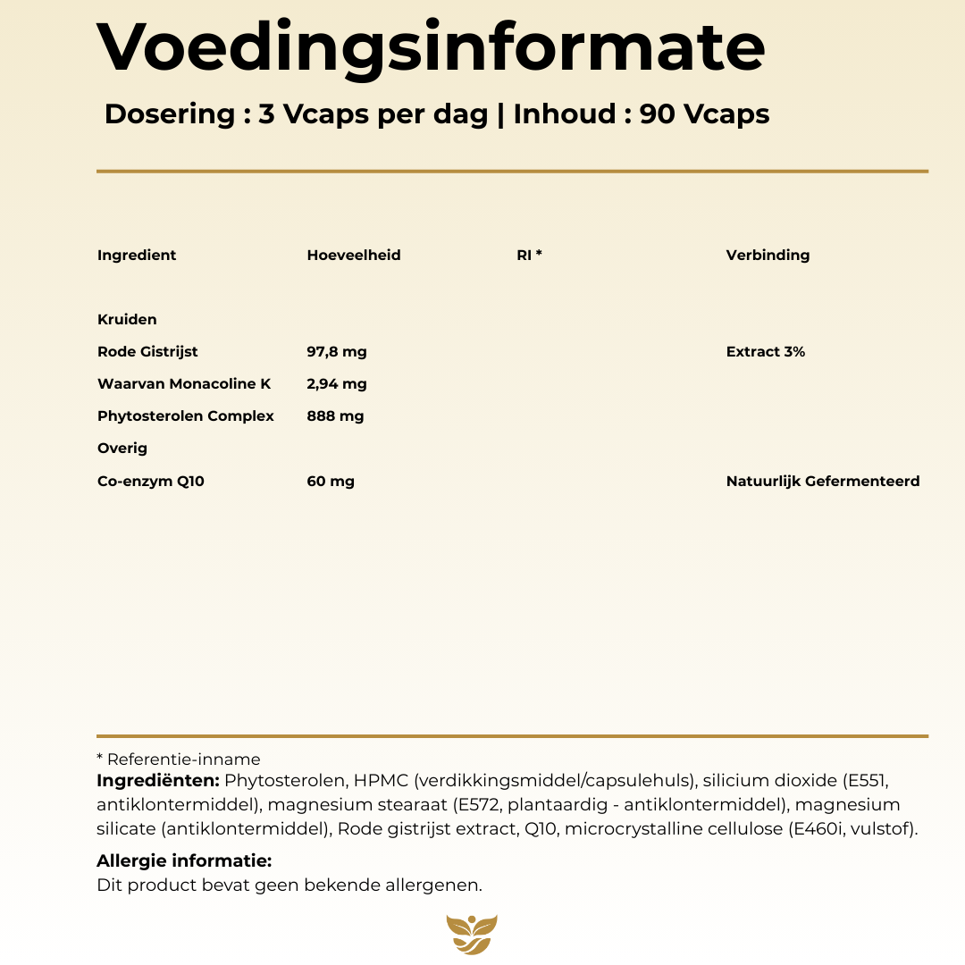 Voedingsinformatie Tweevit Fytosterol + Q10 – 3 plantaardige capsules per dag met 888 mg fytosterolen, 60 mg Q10 en 2,94 mg monacoline K uit rode gist rijst