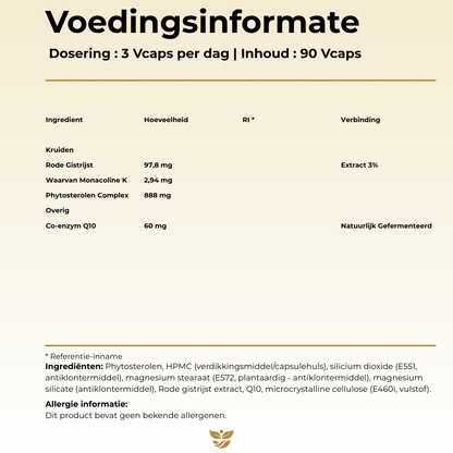 Voedingsinformatie Tweevit Fytosterol + Q10 – 3 plantaardige capsules per dag met 888 mg fytosterolen, 60 mg Q10 en 2,94 mg monacoline K uit rode gist rijst
