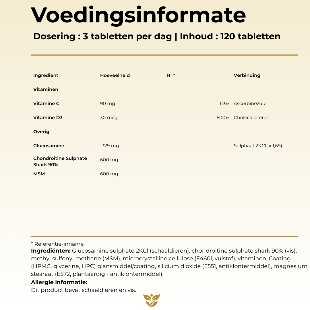 Voedingsinformatie Tweevit Glucosamine Chondroïtine MSM – 3 tabletten per dag met glucosamine 1329 mg, chondroïtine 600 mg, MSM 600 mg, vitamine C (90 mg) en vitamine D3 (30 mcg)