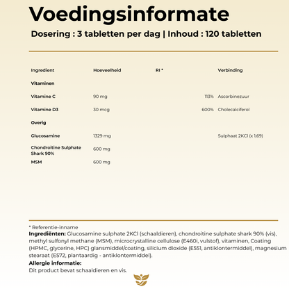 Voedingsinformatie Tweevit Glucosamine Chondroïtine MSM – 3 tabletten per dag met glucosamine 1329 mg, chondroïtine 600 mg, MSM 600 mg, vitamine C (90 mg) en vitamine D3 (30 mcg)