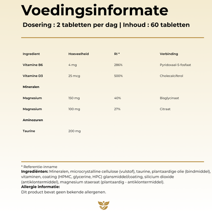 Voedingsinformatie Magnesium Bisglycinaat met Taurine Tweevit – 2 tabletten per dag met 250 mg magnesium (bisglycinaat en citraat), 200 mg taurine, vitamine B6 en D3, vrij van allergenen