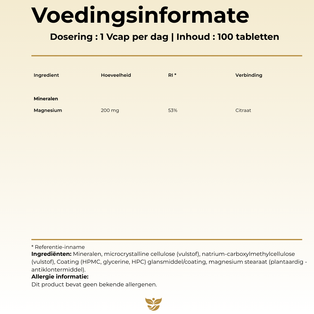 Voedingsinformatie Magnesium Citraat Tweevit – 1 tablet per dag met 200 mg magnesiumcitraat (53% RI), goed opneembare vorm, vrij van allergenen