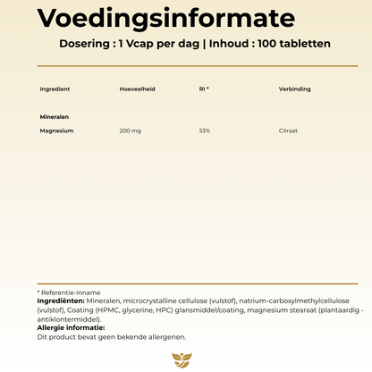 Voedingsinformatie Magnesium Citraat Tweevit – 1 tablet per dag met 200 mg magnesiumcitraat (53% RI), goed opneembare vorm, vrij van allergenen