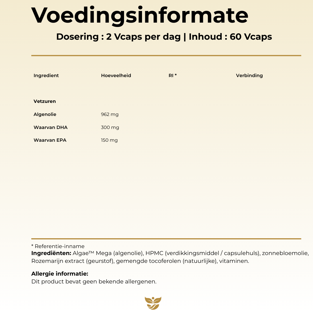 Voedingsinformatie Omega-3 Vegan Tweevit – 2 capsules per dag met 962 mg algenolie, 300 mg DHA en 150 mg EPA, plantaardige omega-3 uit algen, vrij van allergenen