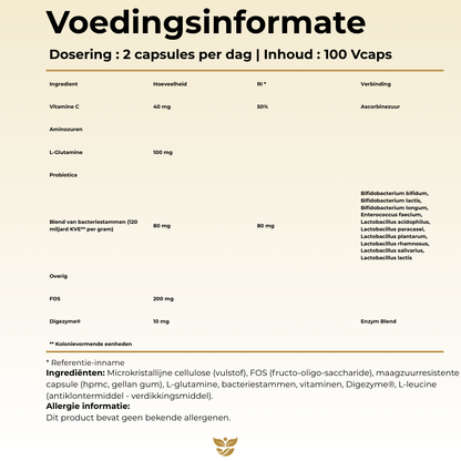 Voedingsinformatie Probiotica Complex Tweevit – 2 capsules per dag met 10 bacteriestammen (Bifidobacterium & Lactobacillus), L-glutamine, FOS en Digezyme® enzymblend, vrij van allergenen