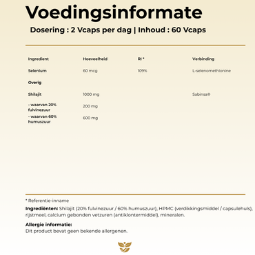 Voedingsinformatie Shilajit met Selenium Tweevit – 2 capsules per dag met 1000 mg Shilajit (20% fulvinezuur, 60% humuszuur) en 60 µg selenium (L-selenomethionine), vrij van allergenen