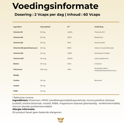 Voedingsinformatie Vitamine B-50 Complex Tweevit – 2 capsules per dag met hoge dosering B1 t/m B12, biotine, foliumzuur, choline, inositol en PABA, vrij van allergenen