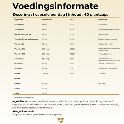 Voedingsinformatie Vitamine B-Complex Tweevit – 1 capsule per dag met actieve B-vitaminen (B1 t/m B12), foliumzuur, biotine, choline en inositol, vrij van allergenen