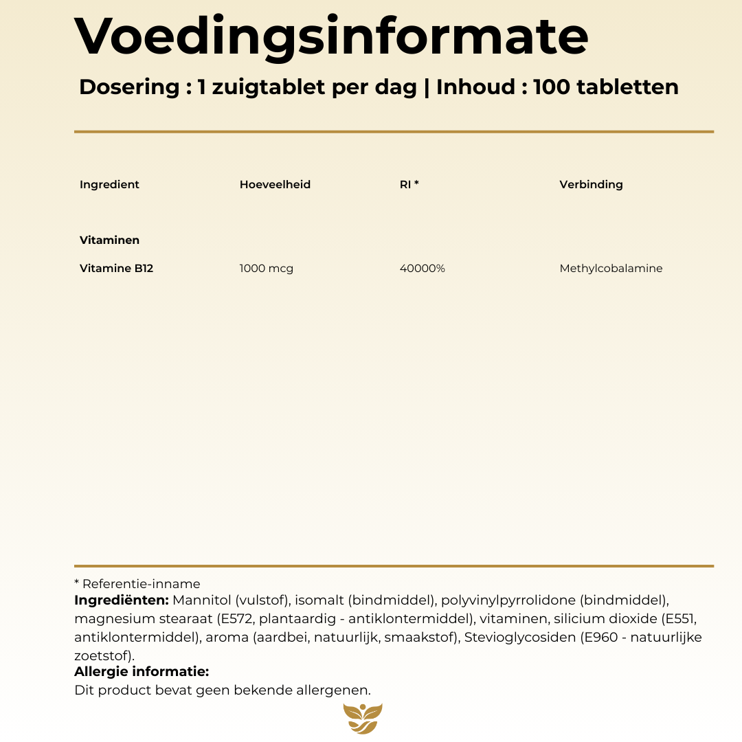 Voedingsinformatie Vitamine B12 Tweevit – 1 zuigtablet per dag met 1000 mcg methylcobalamine (40000% RI), hooggedoseerde actieve vorm, vrij van allergenen
