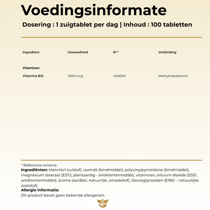 Voedingsinformatie Vitamine B12 Tweevit – 1 zuigtablet per dag met 1000 mcg methylcobalamine (40000% RI), hooggedoseerde actieve vorm, vrij van allergenen