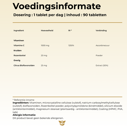 Voedingsinformatie Vitamine C1000 TR Tweevit – 1 tablet per dag, 1000 mg vitamine C (1250% RI) met rozenbottel 20 mg en citrus bioflavonoïden 25 mg, vrij van allergenen