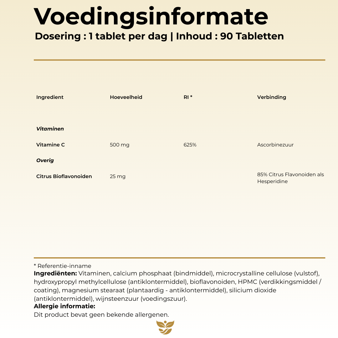 Voedingsinformatie Vitamine C500 SR Tweevit – 1 tablet per dag met 500 mg vitamine C (625% RI) en 25 mg citrus bioflavonoïden, vrij van allergenen