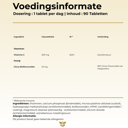 Voedingsinformatie Vitamine C500 SR Tweevit – 1 tablet per dag met 500 mg vitamine C (625% RI) en 25 mg citrus bioflavonoïden, vrij van allergenen