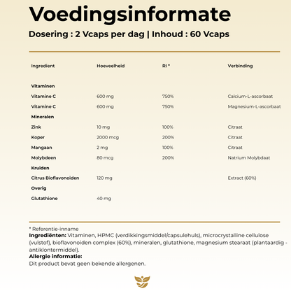 Voedingsinformatie Vitamine C Neutraal Tweevit – 2 capsules per dag met 1200 mg ontzuurde vitamine C, zink, koper, mangaan, molybdeen, bioflavonoïden en glutathion, vrij van allergenen