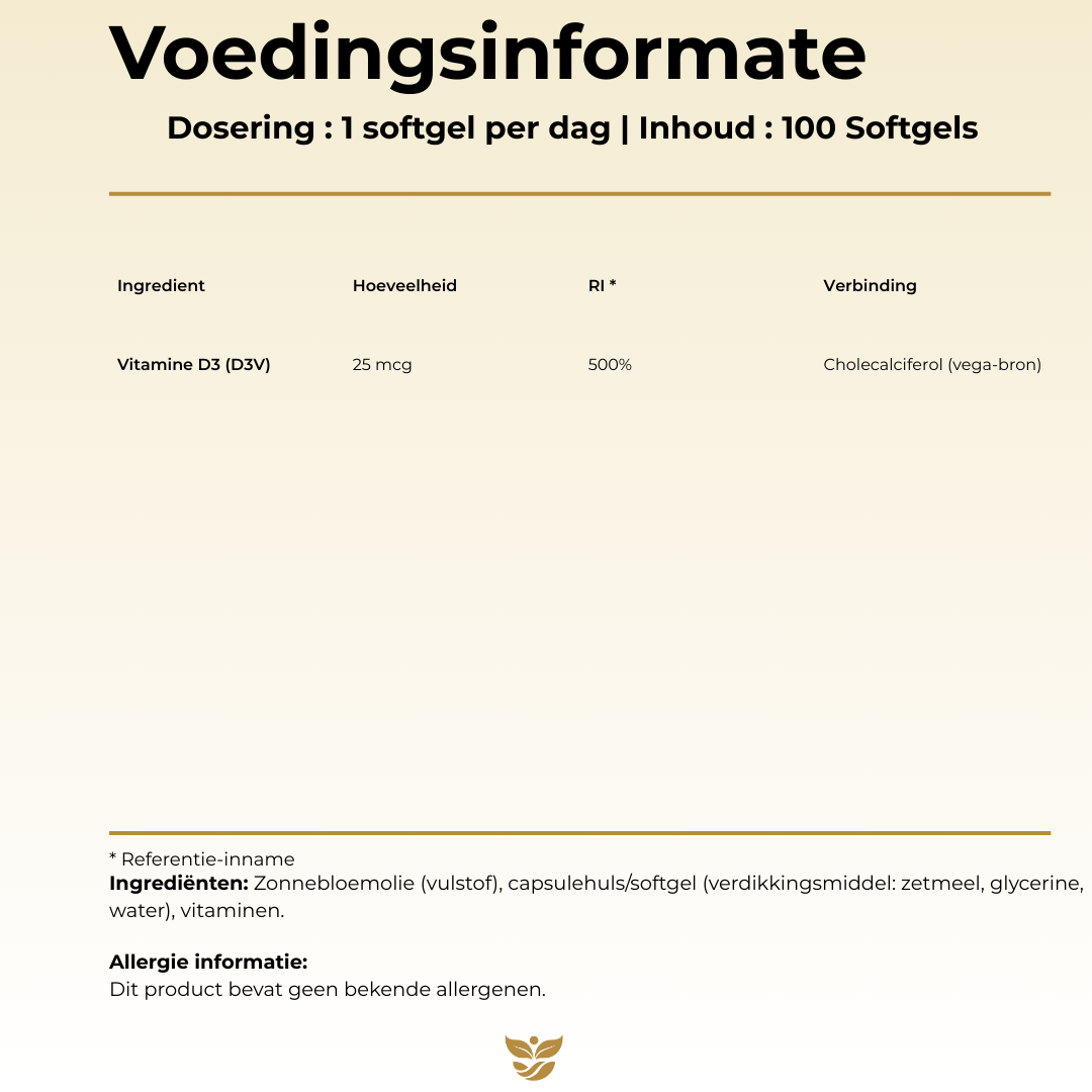 Voedingsinformatie Vitamine D3 Vegan Tweevit – 1 softgel per dag met 25 µg plantaardige cholecalciferol (vega-bron), 500% RI, vrij van allergenen