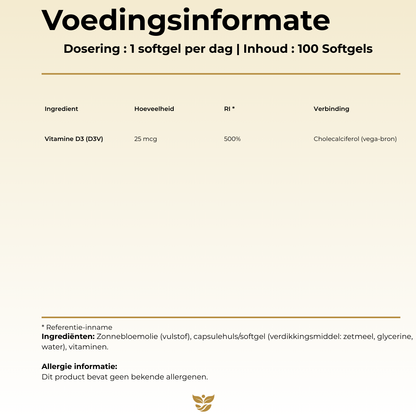 Voedingsinformatie Vitamine D3 Vegan Tweevit – 1 softgel per dag met 25 µg plantaardige cholecalciferol (vega-bron), 500% RI, vrij van allergenen