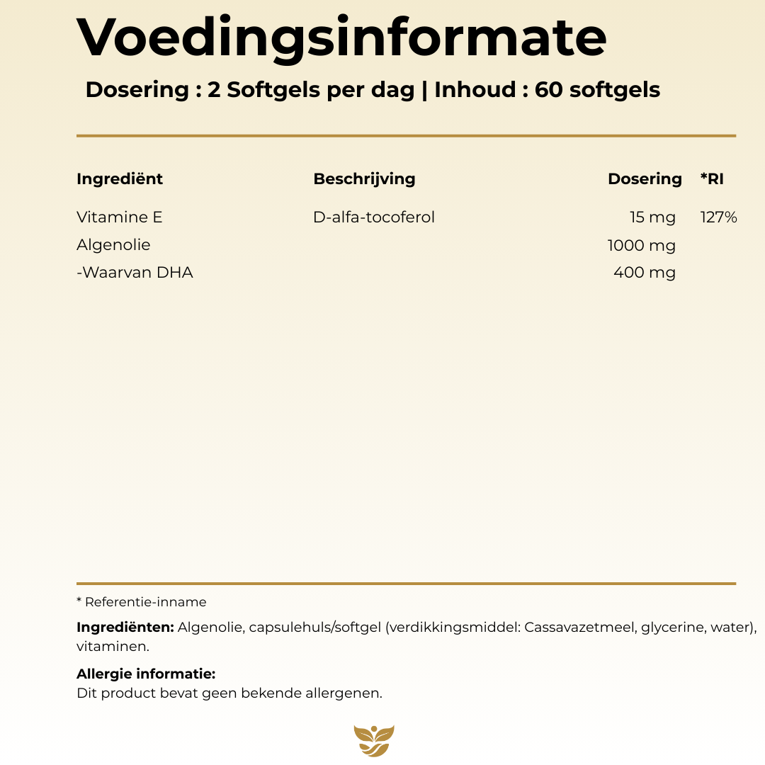 Plantaardige algenolie met 400 mg DHA per dagdosering. Zuivere bron van omega-3 vetzuren, geschikt voor veganisten. Bevat natuurlijke vitamine E.