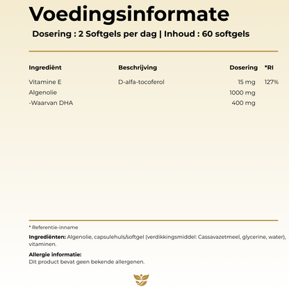 Plantaardige algenolie met 400 mg DHA per dagdosering. Zuivere bron van omega-3 vetzuren, geschikt voor veganisten. Bevat natuurlijke vitamine E.